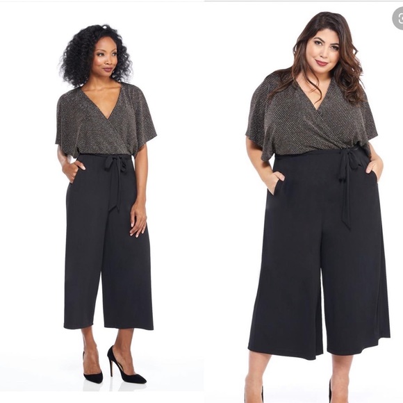 Maggy London Pants - Maggy London Black Wide-Leg Jumpsuit with Metallic Gold Wrap Top
